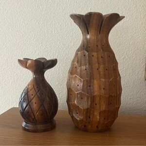 Vintage Hand Carved Wood Pineapple Decor Set Hibiscus Philippines Tropical Tiki